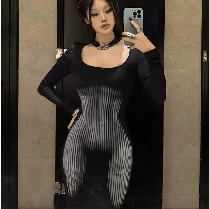 Sexy black square-neck printed long-sleeve dress for women, suitable for spring and autumn, with a fitted, slim silhouette, cinched waist, and hip-hugging design