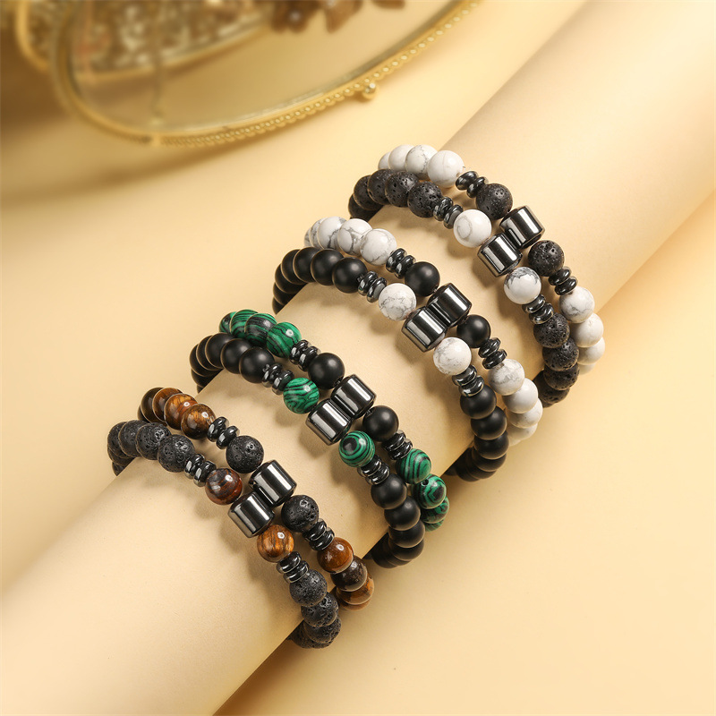 Pulsera de piedra natural de 8mm de venta caliente transfronteriza europea y americana, turquesa blanca, ojo de tigre amarillo, juego de piedra volcánica, pulsera con cuentas al por mayor