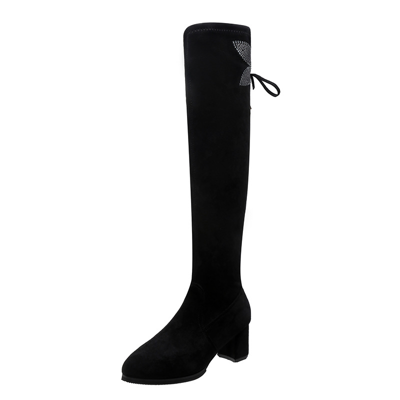 Autumn and winter new chunky heel rhinester bow thigh-high boots slim plus size elastic boots_voghion.com