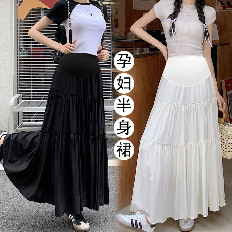 Pregnant Women's Skirt Spring Wear Korean Style Stitching Skirt High Waist Slimming Cake Skirt Belly-supporting A- line Long Skirt