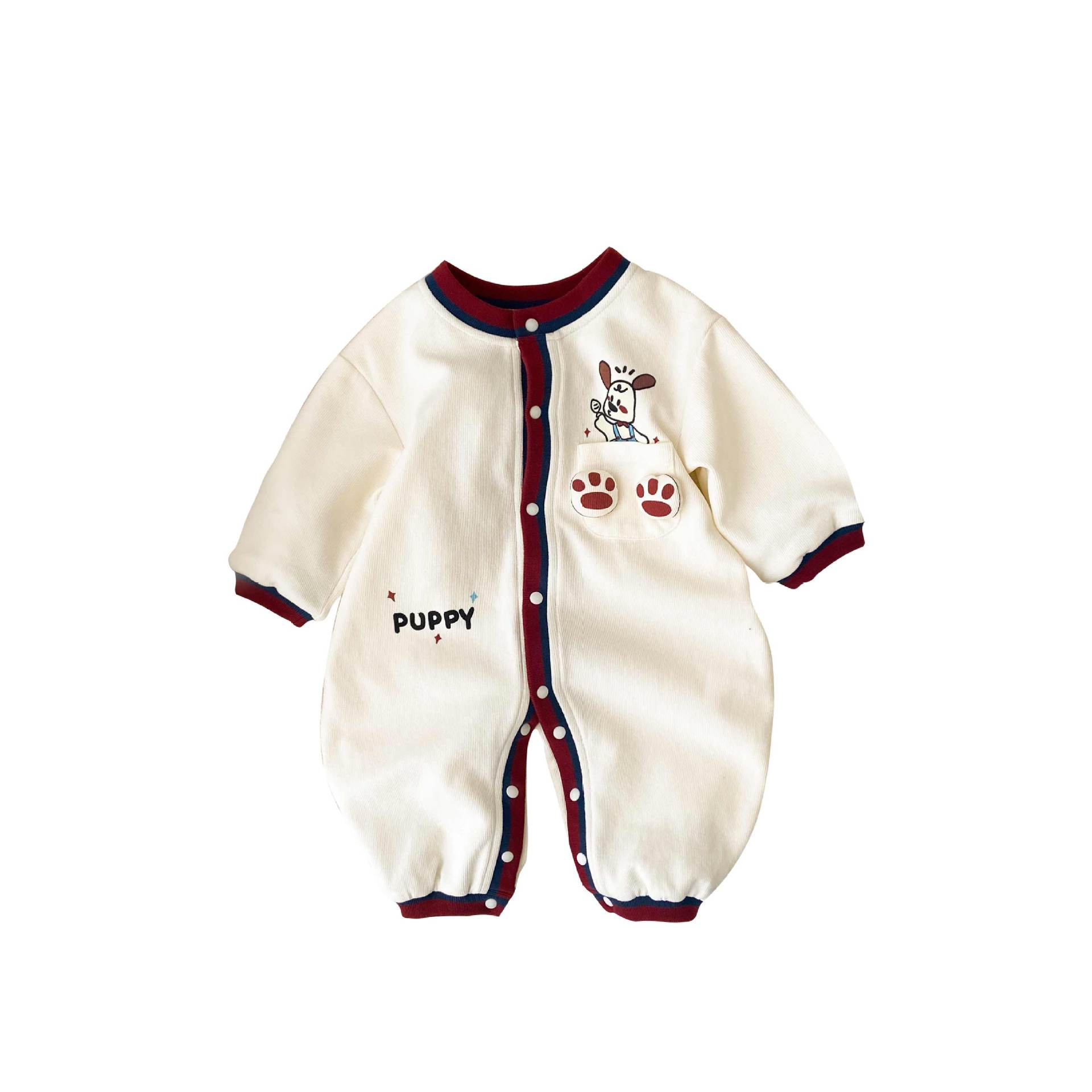 Nuevos productos en la primavera de 2025, ropa de una pieza para bebés masculinos coreanos, bolsillo, huellas de patas de perro, ropa de gatear para bebés y niños pequeños de estilo occidental