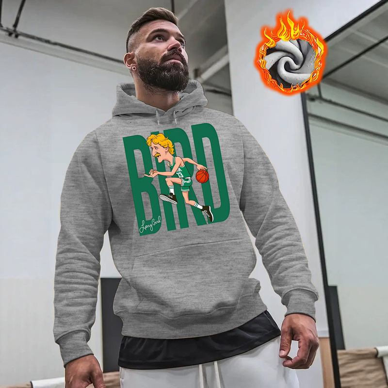Men's loose-fitting, casual, fleece-lined hooded sweatshirt with a basketball legend cartoon print, providing warmth and comfort for sports activities Men's loose-fitting, casual, fleece-lined hooded sweatshirt with a basketball legend cartoon print, providing warmth and comfort for sports activities