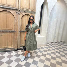 定制2025独立站女士长款衬衣腰带连衣裙