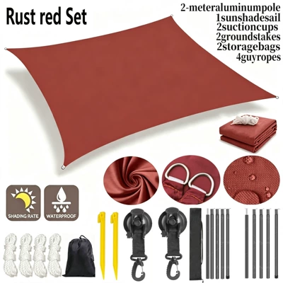 Avtomobil yan çətirləri — Rainproof and UV-Proof Canopy - rust-red-suction-cup-support-rod-set-2x2m