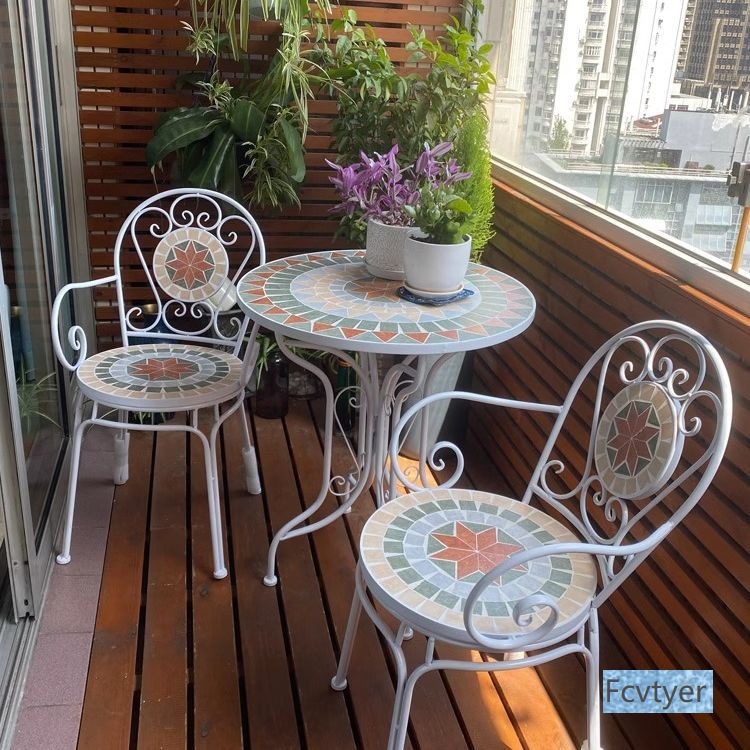 Iron Outdoor Tables and Chairs Courtyard Open-Air Mosaic Small Coffee Table Balcony Creative Small Round Table Industrial Style One Table and Four Chairs