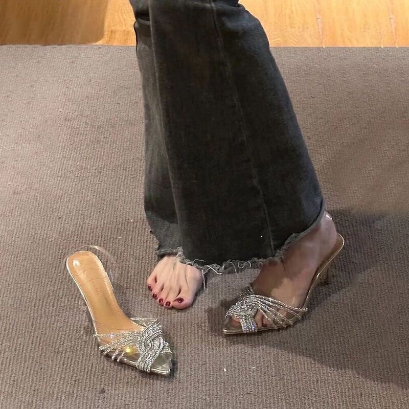 Stylish and Attractive Summer New Model Transparent Rhinestone Stiletto Heels with Unique Design, Pointed Toe, Open Back, Cool Single-Soled Shoes for Women