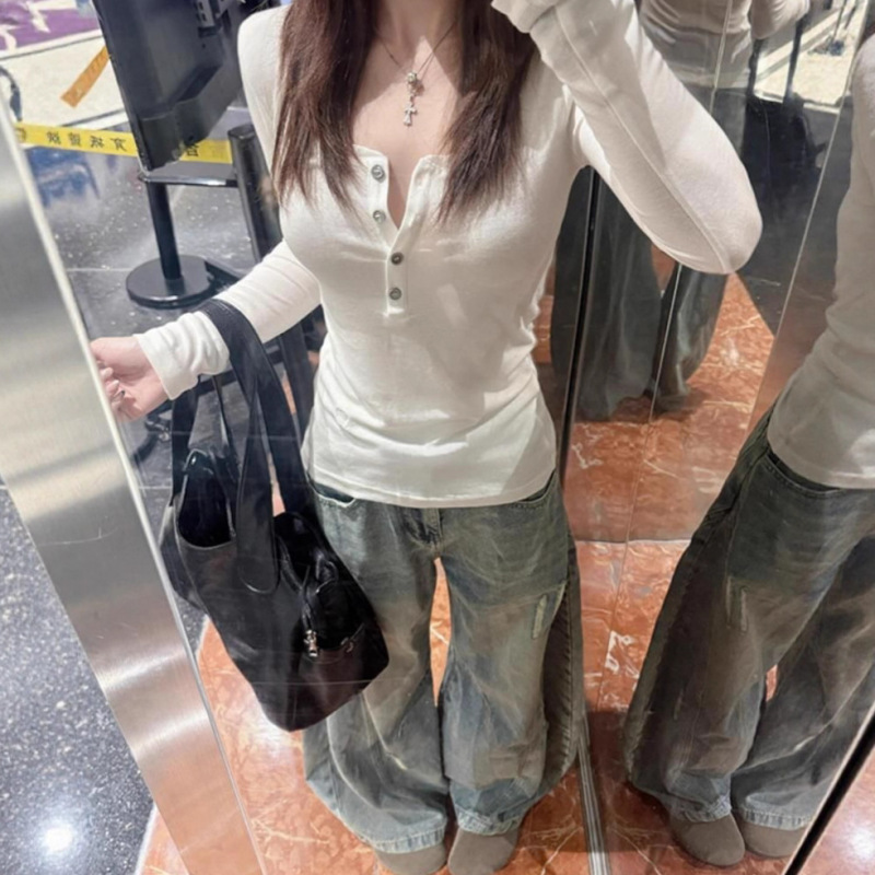 American White Henry U-Neck Right Shoulder Long-Sleeved T-Shirt for Women Autum 2025 New Slimming Look Waist Hot Girl Top