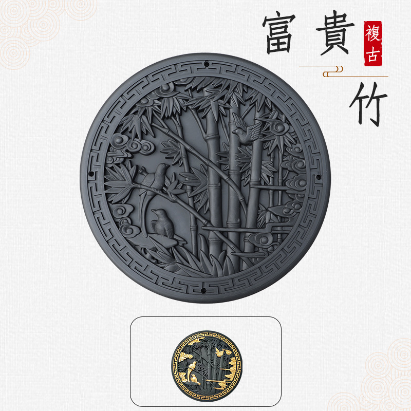 梦古75圆形竹报平安树脂一体中式庭院影壁芯塑料仿砖雕院墙装饰