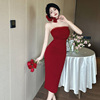 One shoulder mesh slim fitting dress with flower wrap buttocks and split chest dress