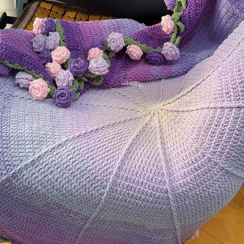 渐变紫尖角玫瑰花束毯子成品永生花午睡花毯手工编织装饰毯子|undefined