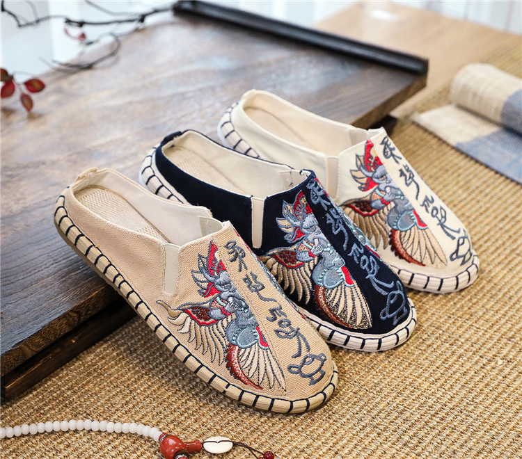新款春夏帆布民族風中國風中式居士東巴文休閒半包棉麻拖鞋男款潮