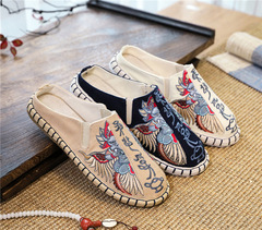 新款春夏帆布民族風中國風中式居士東巴文休閒半包棉麻拖鞋男款潮