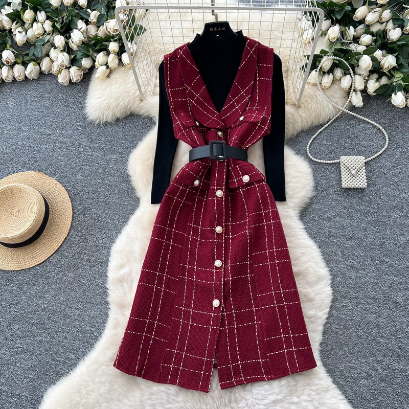 Carefully Selected French-Style Socialite High-End Plaid Thick Woolen Sleeveless Dress Paired with a High-Neck Long-Sleeved Sweater Suit