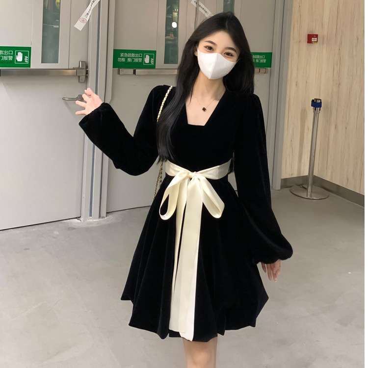 롱 | 숏 벨벳 드레스 여성용 플러스 사이즈 뚱뚱한 프렌치 헵번 스타일 블랙 레트로 학생 워드 스커트