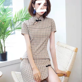 小个子旗袍少女2026新款年轻高端气质格子改良显瘦短袖连衣裙复古