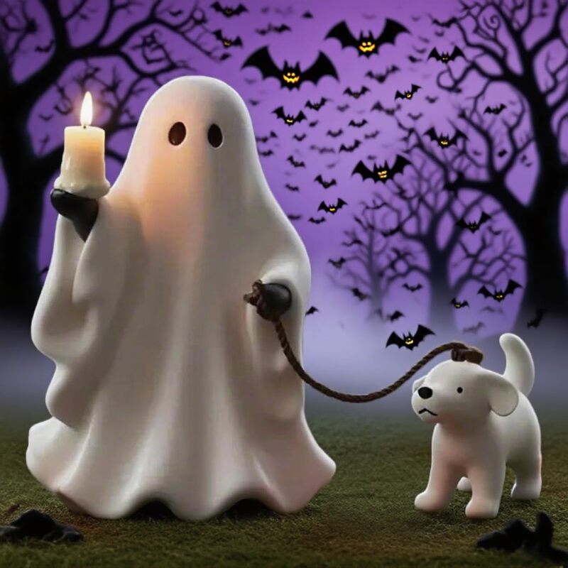 Halloween Ghost Dog Statue 遛狗幽灵举蜡烛 树脂万圣节装饰|undefined