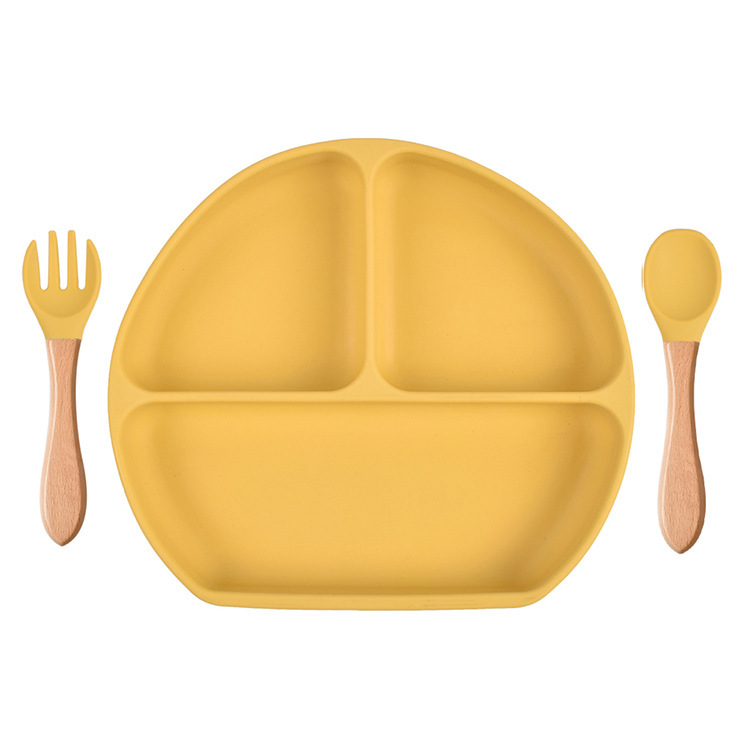 スポット分格子供食器ベビー吸盤シリコンボウル赤ちゃんスプーンストロー一体式シリコン皿|undefined
