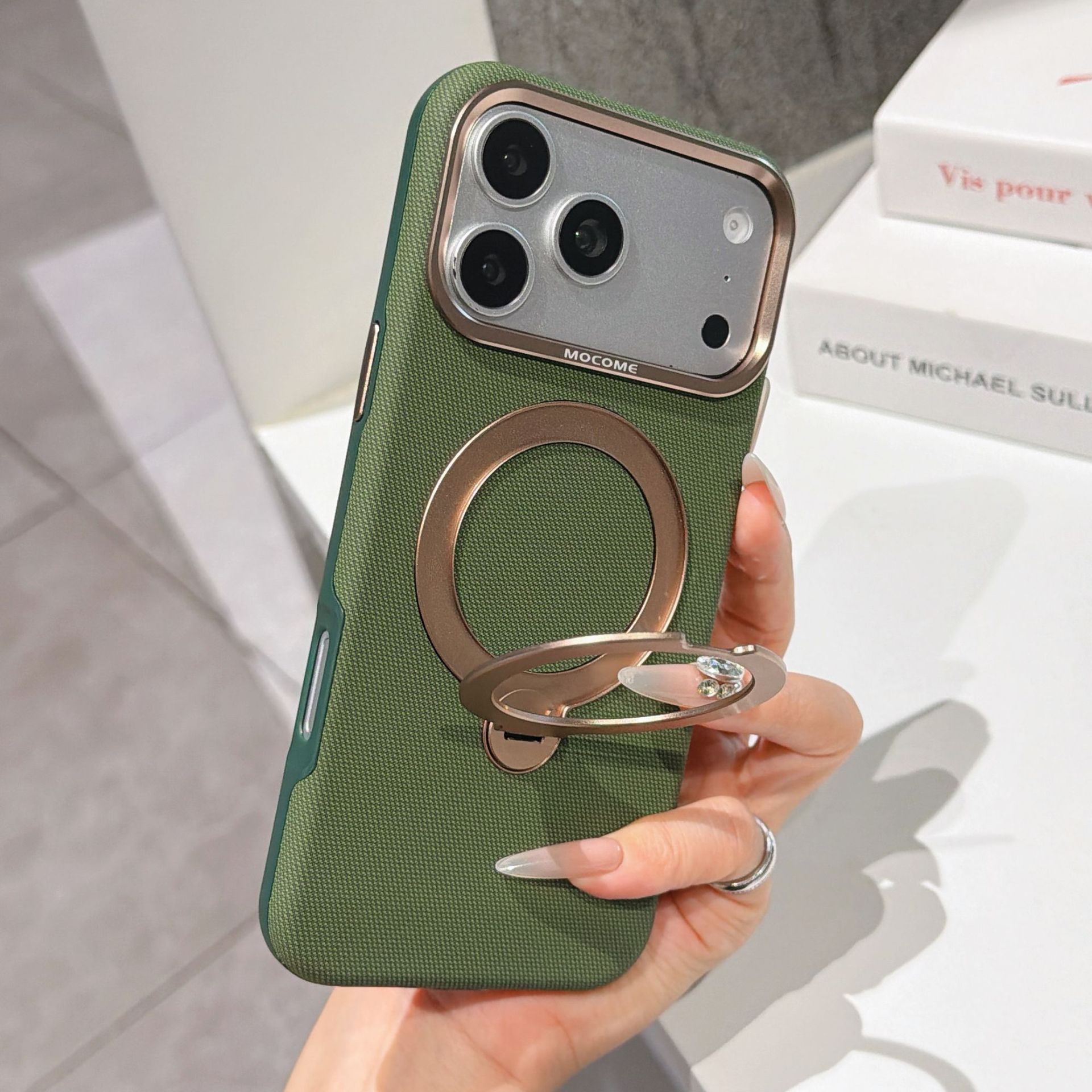 Ốp lưng da iPhone 16/17 Pro Max có vòng xoay 360 độ, nam châm hút, chống sốc viền dày — Đen, Nâu, Tím, Xanh dương chi tiết 5