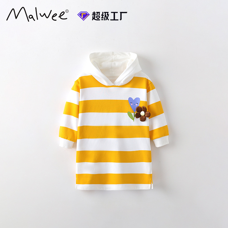 Cross-border malwee niñas suéter vestido otoño-invierno nuevo vestido con capuz a rayas vestido de princesa para niños de mediana edad europeos