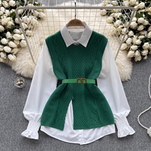 韩版气质时尚套装女休闲宽松长袖衬衫+收腰V领无袖针织马甲两件套