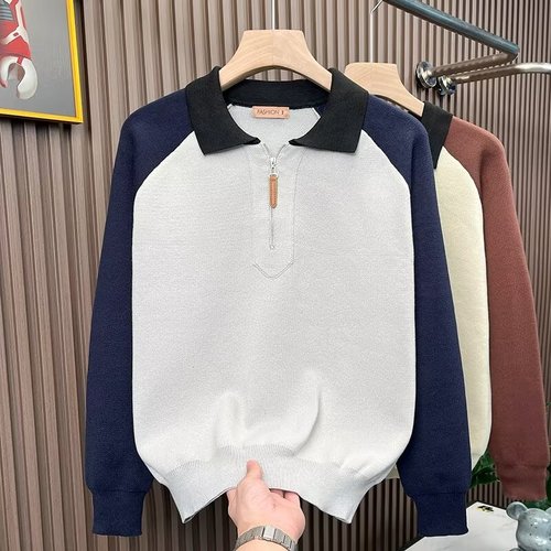 Business light mature style sweater simple sweater versatile autumn winter color collision men's stand-up sleeveless crew neck knit sweater