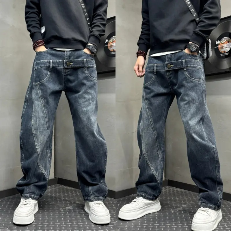 Men's Clothing Retro Patchwork Men's Jeans Trendy Loose Fit Straight Leg Cool Casual Wide Leg Curved Blade Design_mkmklike.com