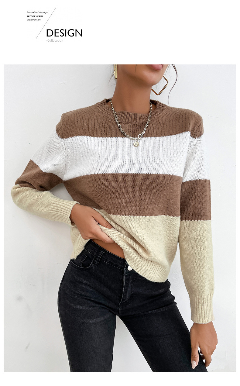 Herbst mode frauen casual farbe passenden langen ärmeln rundhals_voghion.com