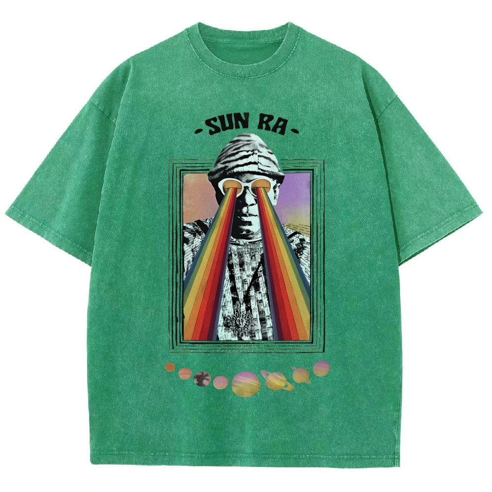 INS ホットセールメガネレインボーストリートクールレトロルーズラウンドネックピュアコットンメンズ Tシャツウォッシュ加工男性と女性用