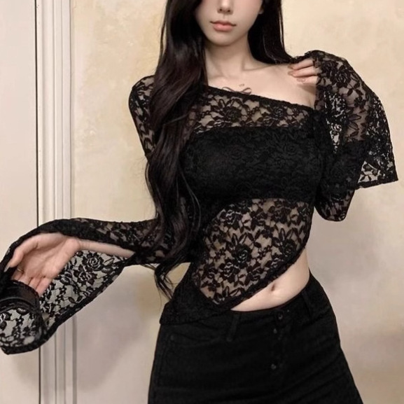 Pure Black Shoulder Long-sleeved Lace Shirt Women's Spring Sexy Slim-fit Irregular Short Shoulder-exposed Horn-sleeved Top