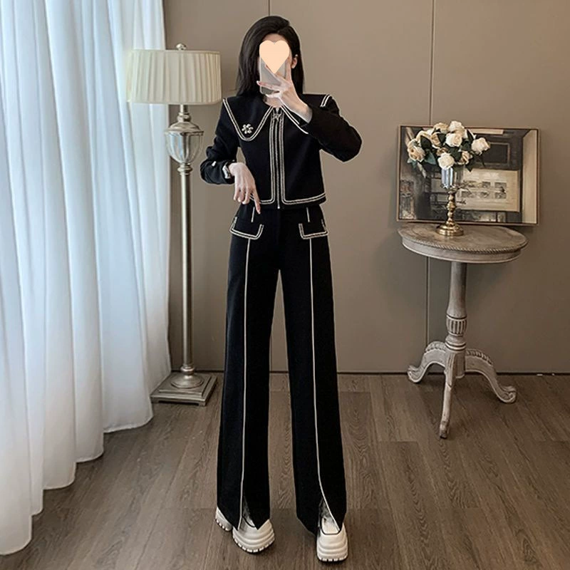 Повседневный спортивный костюм женский весенний и осенний новый корейский вариант свободного тонкого дизайна топы модные широкие брюки из двух частей