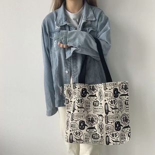 Cartoon Illustration Ins Canvas Bag Large Capacity Japanese and Korean Niche Canvas Bag Fresh Style Women's Shoulder Portable Casual Bag