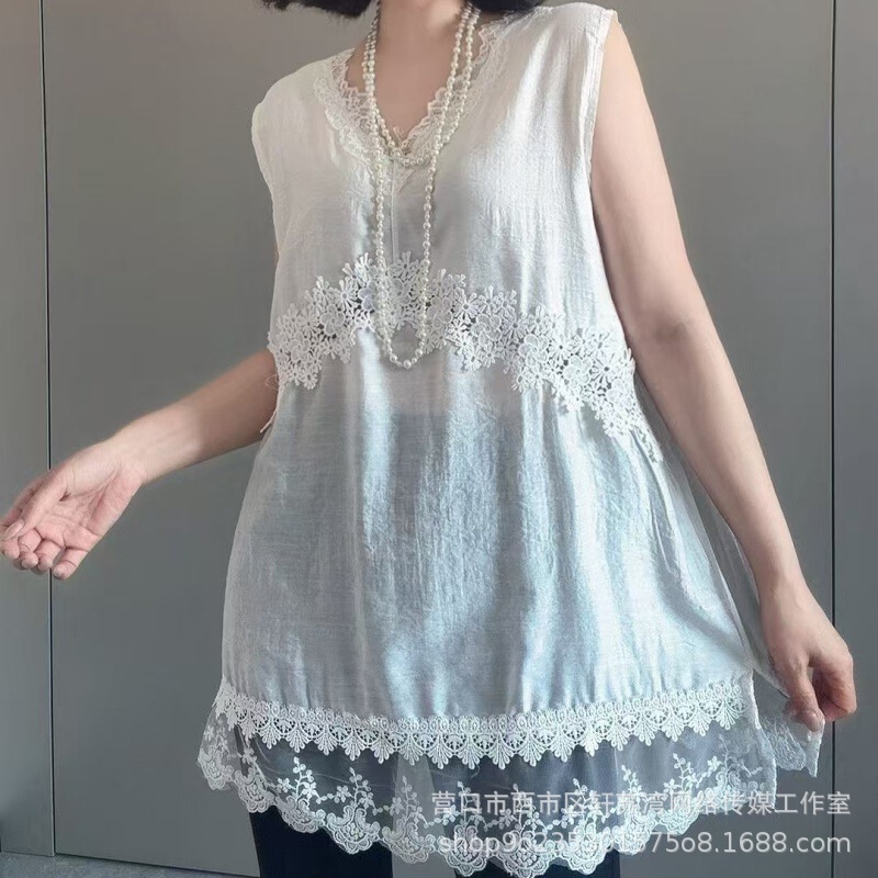 Early Spring New Style Lace Splicing V-Neck Irregular Sleeveless Long Vest Women's Top