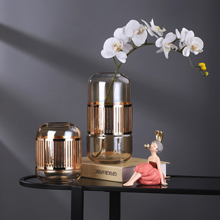 網紅創意銅圈玻璃花瓶現代輕奢擺件餐桌台面裝飾品高檔樣板房擺設