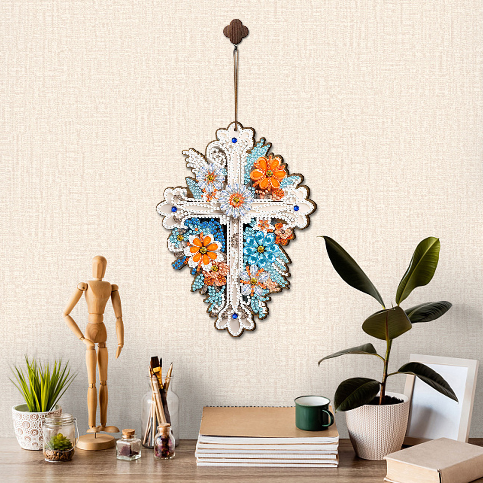 Pintura de diamante alrededor de la placa de madera DIY puntuación de perforación de madera crucifijo perforación decoración de pegatinas al por mayor