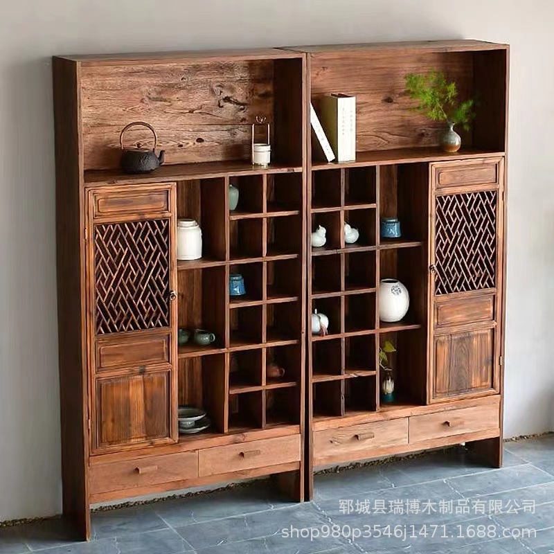 오래된 느릅 나무 수납 선반 Duobao Pavilion 골동품 선반 차 컵 홀더 단단한 나무 중국 스타일 파티션 복도 장식 골동품 디스플레이 스탠드