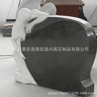 定制美碑黑色花岗岩心形墓碑 汉白玉哭泣女神人物雕刻墓碑兴燕