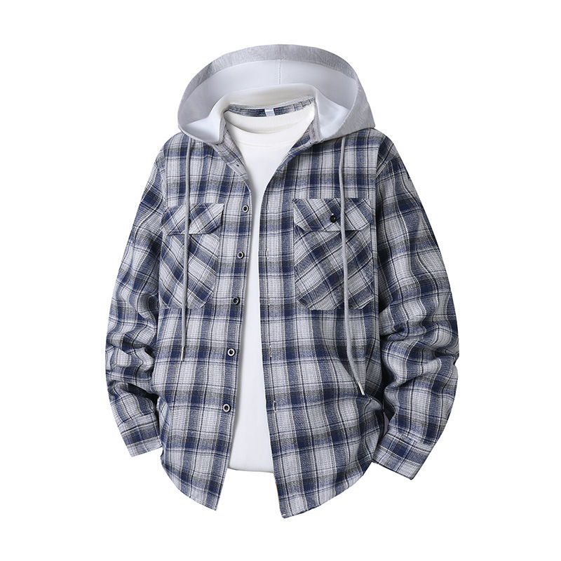 Autumn's main product is the men's plaid hooded long-sleeve shirt, a large-size trendy shirt with double pockets, casual shirt jacket for men