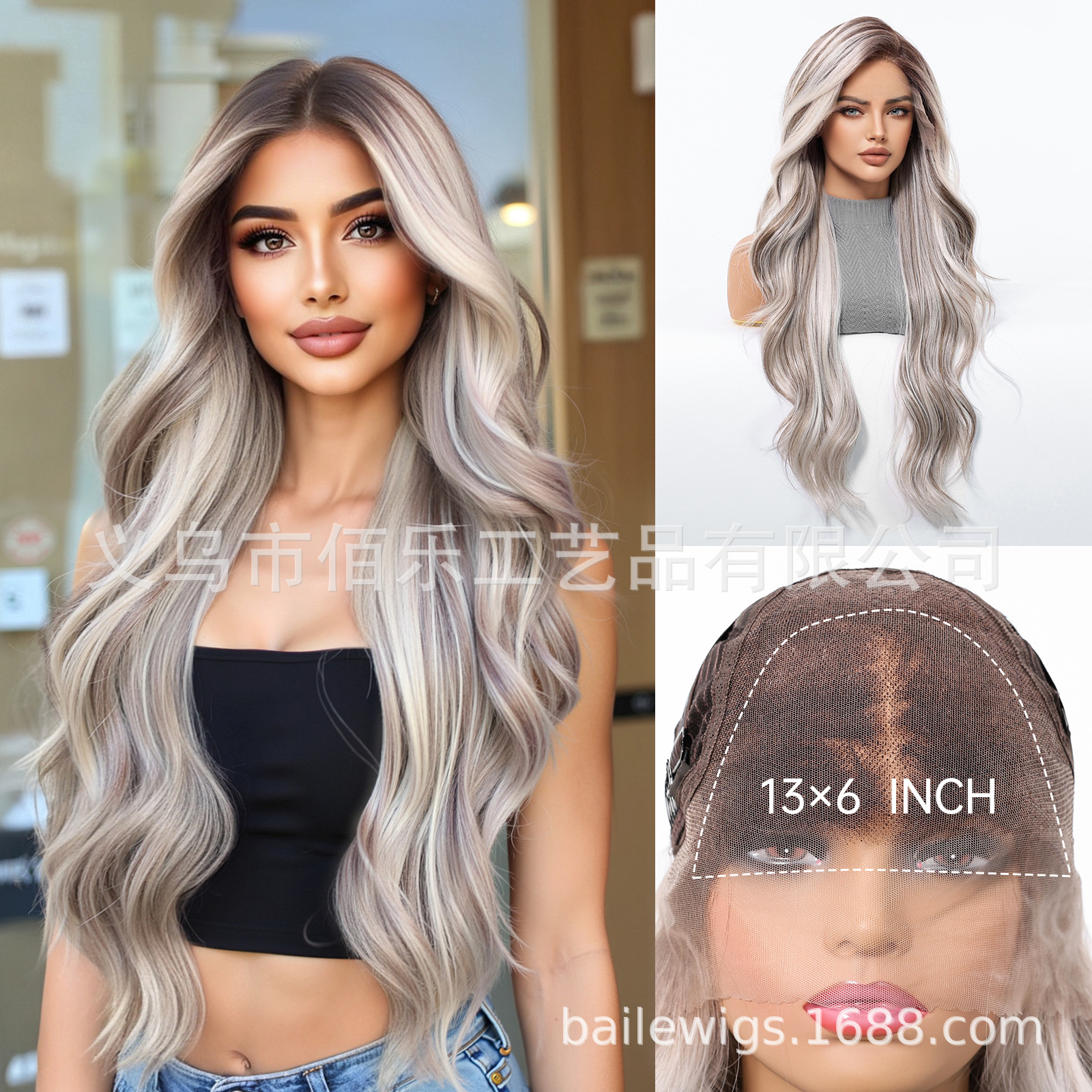 13*6 peluca de encaje de área grande con cabello largo y rizado dorado blanco en el medio image 9