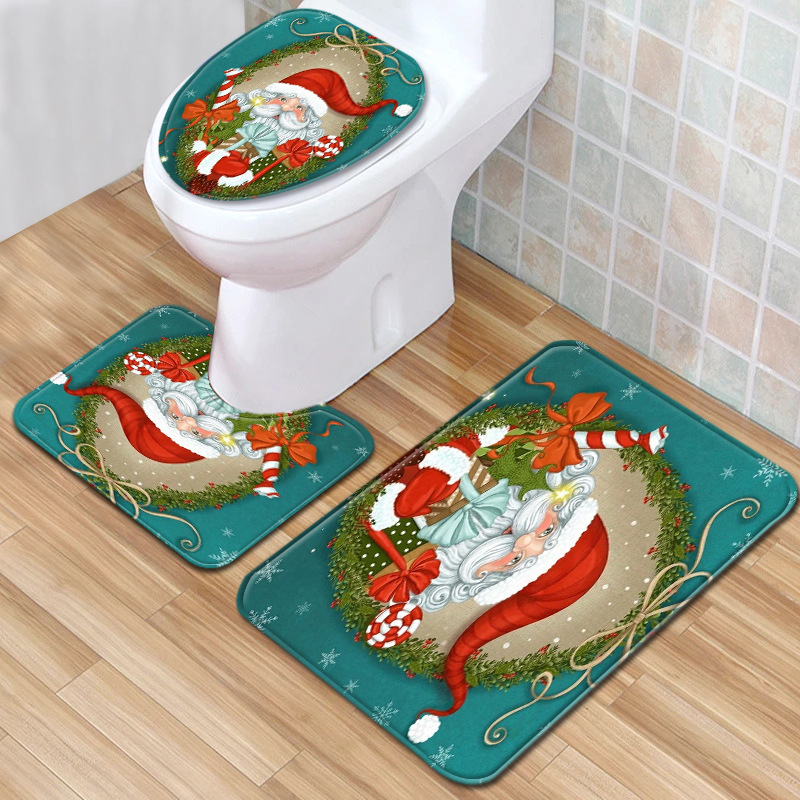 亚马逊新款圣诞马桶套装三件套雪人浴室防滑地垫卧室地毯一件代发