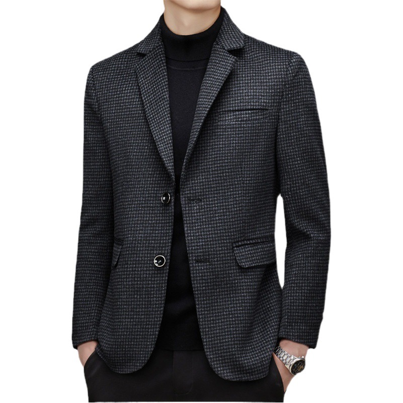 Blazer de Lana para Hombre, Otoño e Invierno, Moda Casual, Diseño a Cuadros, Corte Entallado, Abrigo Cálido de Lana, Chaqueta Individual Moderna