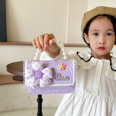 新款兒童單肩包可愛公主零錢包小女孩珍珠手提包兒童花朵小香風包