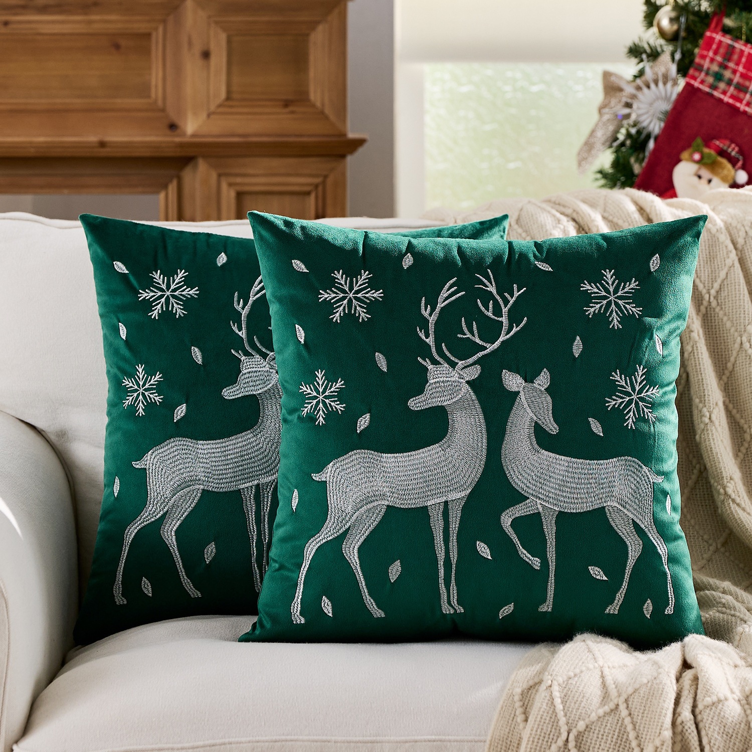 Ventas transfronterizas en caliente de alce árbol de Navidad estampado almohada cubierta de nieve de otoño y invierno bordado estilo de decoración de vacaciones atmósfera cojín cubierta