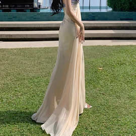 超美香槟色飘带抹胸连衣裙夏蝴蝶结新娘晨袍宴会礼服仙气长裙