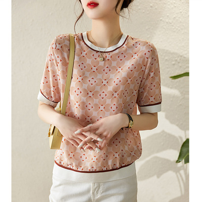 4205# Lotus root powder petals Exit quality comfortable soft brand Women's wear Satin Acetic acid Short sleeved T-shirt