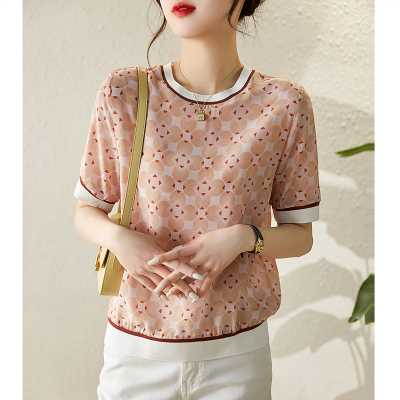 4205# Lotus root powder petals Exit quality comfortable soft brand Women's wear Satin Acetic acid Short sleeved T-shirt