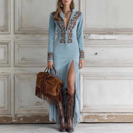 2025独立站秋季跨境女士复古民族风流苏花卉拉链连衣裙长裙