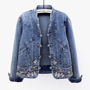 Spring and Autumn New Denim coat women's short versatile retro Chinese style embroidered stretch jacket slim top fashion