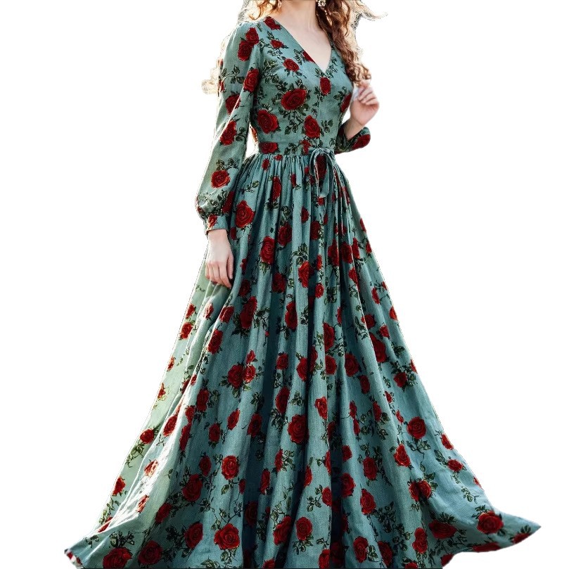 Women's Retro Elegant Slimming Printed Dress V Neck Long Sleeve Charming Fashionable_ecoleips.com