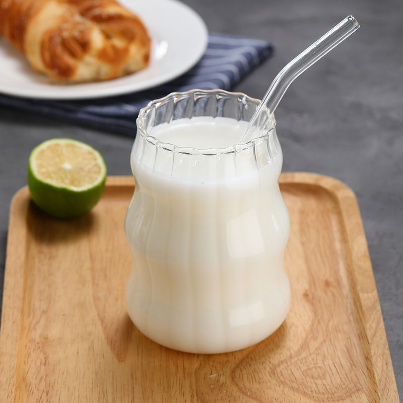 Taza de grasa curva vertical alta borosilicano taza de vidrio resistente a altas temperaturas taza de leche taza de desayuno taza de café taza de paja