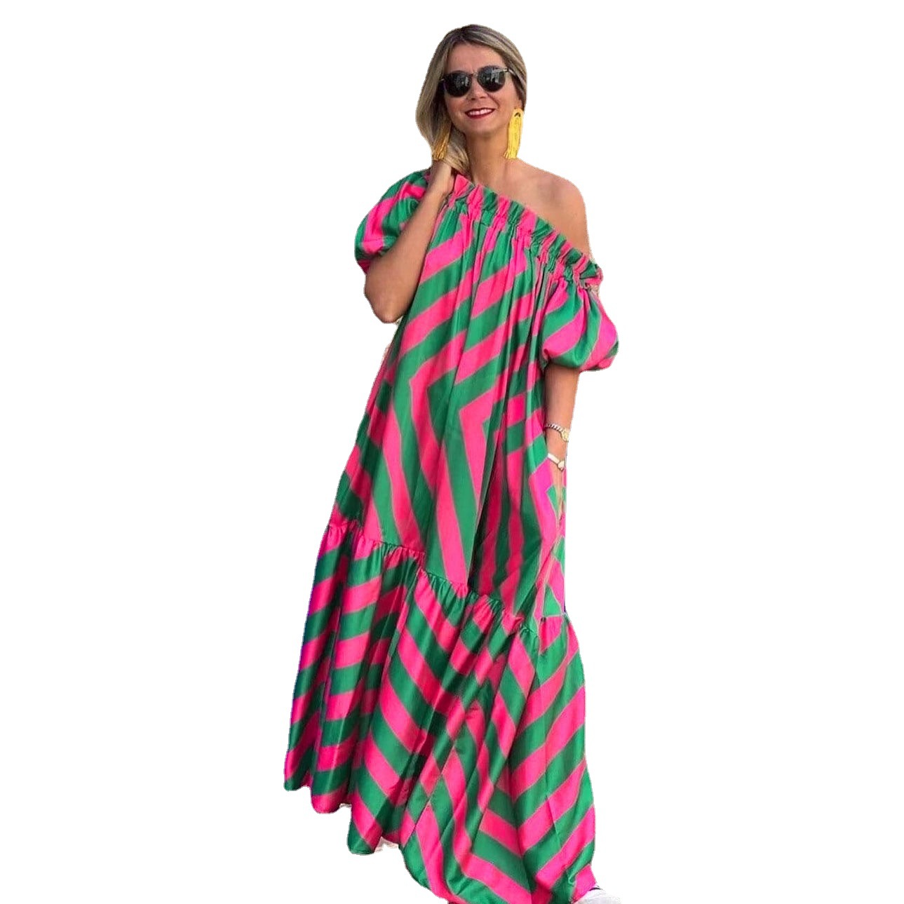 European and American sexy loose large size one shoulder printed bell sleeve women's midi dress long skirt_voghion.com